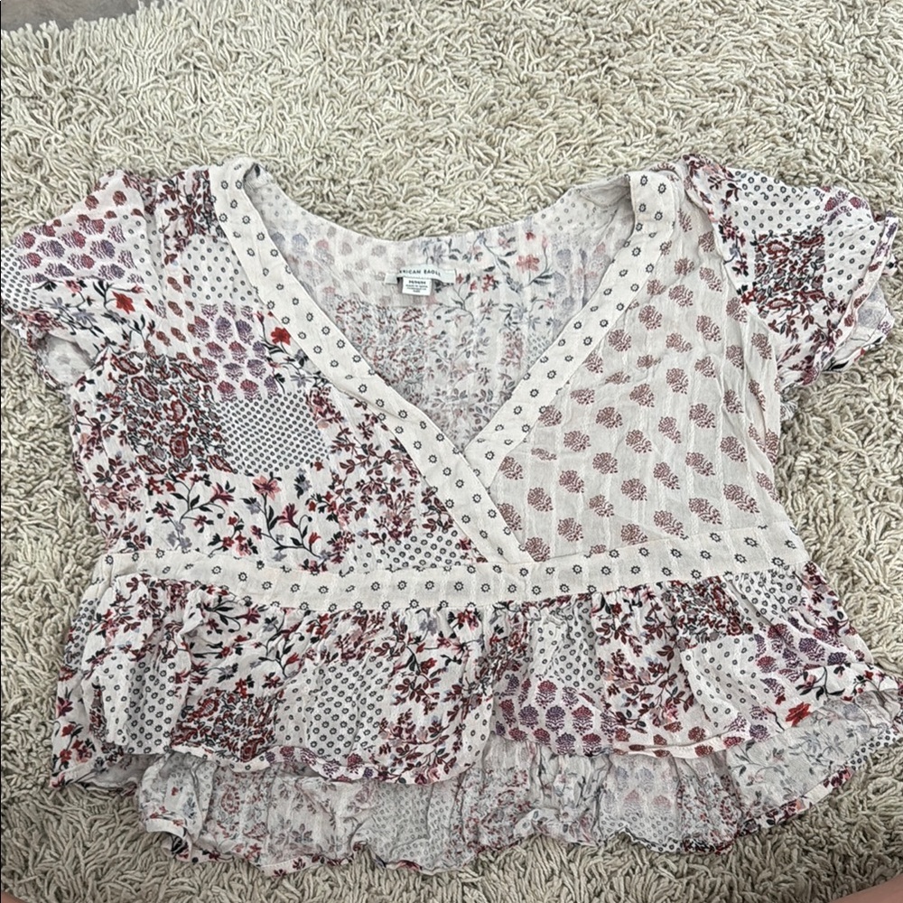 American Eagle Outfitters Patchwork Top with Red and White Patterns